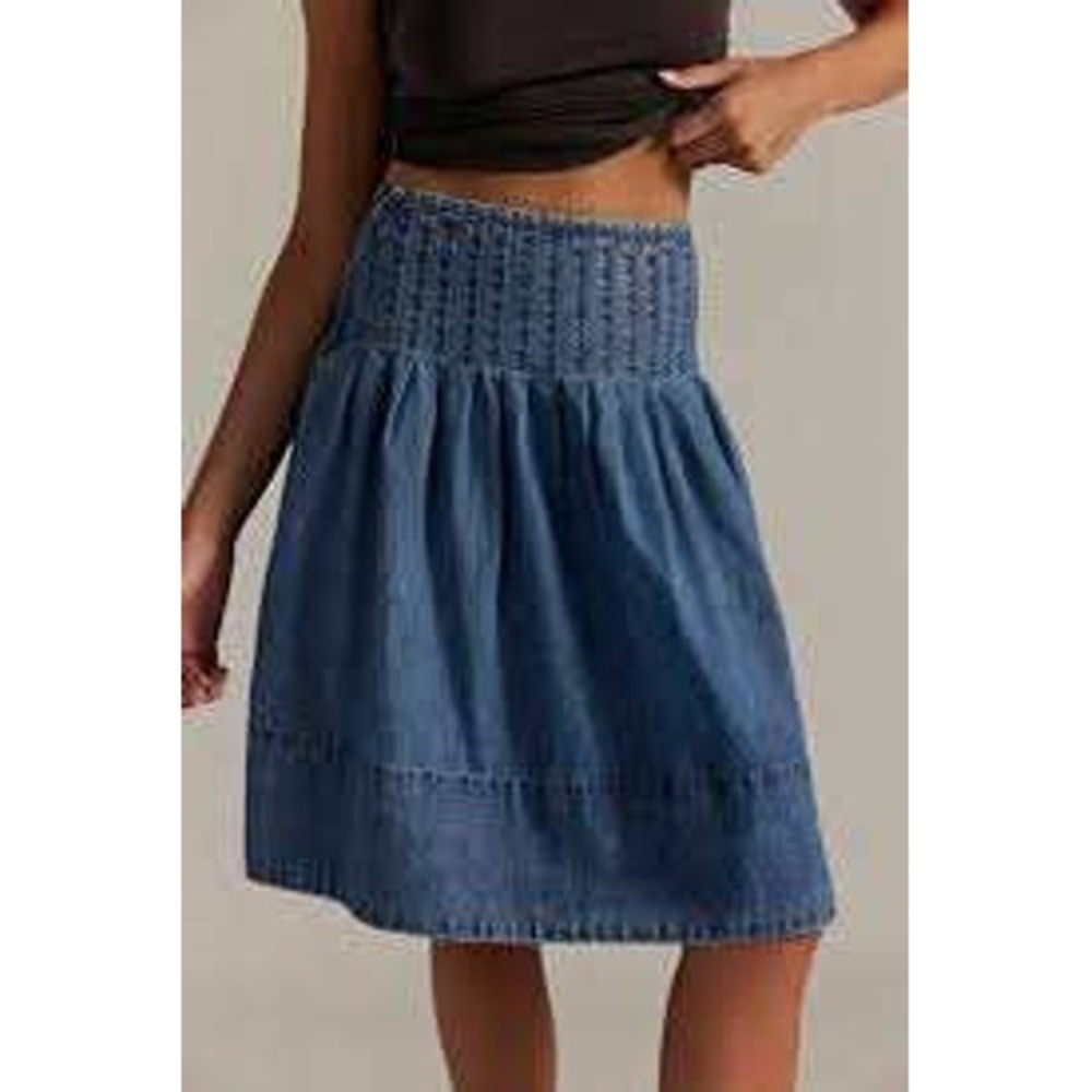 NWT Free People Peyton Pintuck Denim Midi Skirt California Coast Blue Size 12 - Picture 1 of 7